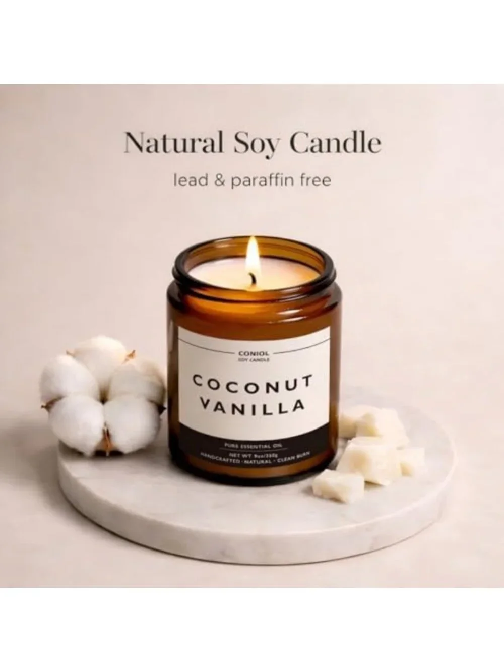 Coconut Vanilla Soy Wax Candle - 9oz Aromatherapy Jar, Long-Lasting & Non-Toxic